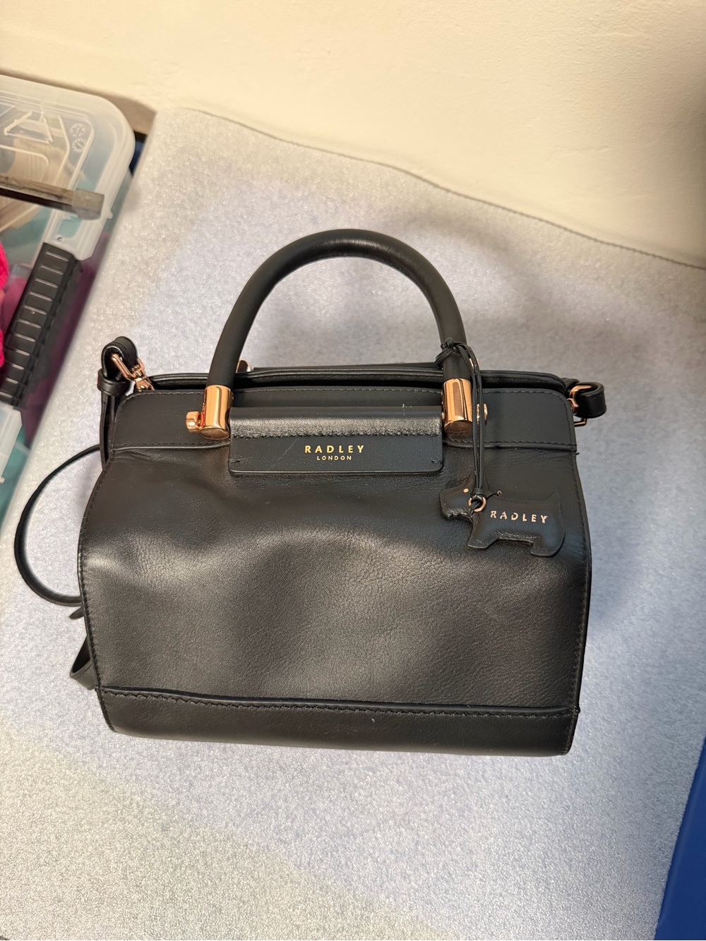 RADLEY LONDON Black Leather Satchel with Rose Gold Accents